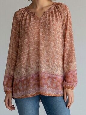 Garnet Hill Rust and Cream Printed 100% Silk Boho Long-Sleeve Peasant Top M